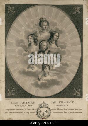 Les Reines de France- Marie de Médicis, Anne d'Autriche, Marie Thérèse d'Autriche, Marie Leczinska, Marie Antoinette, Marie Joséphine de Savoie e Marie Thérèse Charlotte de France. Foto Stock