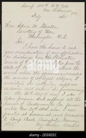 Lettera da Cornelio V. Moore al segretario della guerra Edwin M. Stanton chiedendo per lo scarico Foto Stock