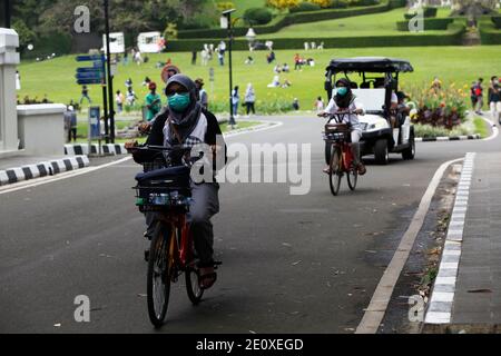 Bogor, Indonesia. 02 gennaio 2021. I visitatori che indossano maschere facciali che cavalcano una bicicletta sono visti al Giardino Botanico di Bogor, Giava Occidentale, durante la festa di Capodanno in Indonesia, il 2 gennaio 2021. (Foto di Adriana/INA Photo Agency/Sipa USA) Credit: Sipa USA/Alamy Live News Foto Stock