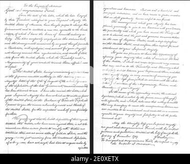 Lettera di George Washington a Mohammed ben Abdallah in riconoscimento della firma del Trattato di Pace e amicizia firmato a Marrakech nel 1787. Foto Stock