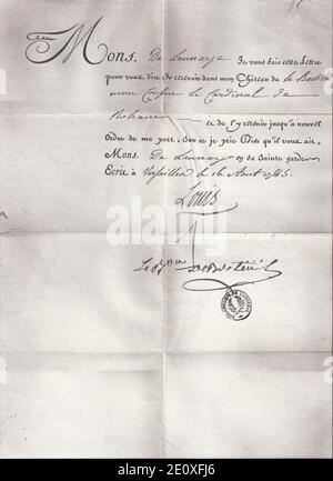 Lettre d'empastillement du Cardinal de Rohan (1785-08-16).recto. Foto Stock