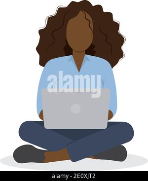 Donna nera seduta con computer portatile Illustrazione Vettoriale