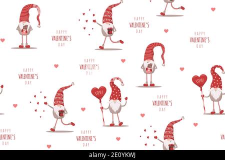 Motivo carino senza cuciture con gnomi scandinavi. Buon giorno di San Valentino. Illustrazione vettoriale in stile cartoon piano. Design nordico per cartoline, stampa Illustrazione Vettoriale