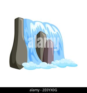 Cascata cascata in spruzzi giù con schiuma. Fantasy cascata di acqua blu isolato su sfondo bianco. Illustrazione vettoriale in stile cartoon Illustrazione Vettoriale