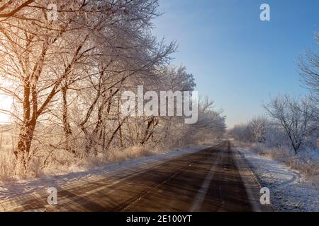 Una strada stretta attraverso una foresta invernale innevata. Foto Stock