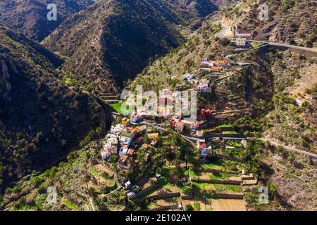 Macayo villaggio vicino Vallehermoso, immagine drone, la Gomera, Isole Canarie, Spagna, Europa Foto Stock