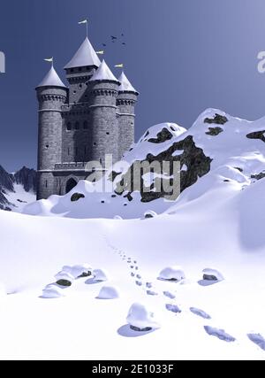 Impronte che conducono all'incantevole castello della principessa fiabesca nelle montagne innevate, rendering 3d. Foto Stock