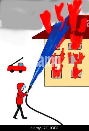 Illustrazione ingenua, disegno di bambini, brigata di fuoco estingue casa in fiamme Foto Stock