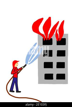 Illustrazione ingenua, disegno di bambini, pompiere estingue casa in fiamme Foto Stock