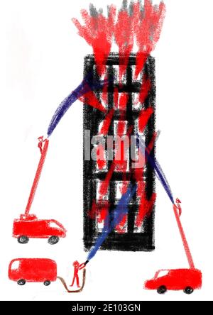 Illustrazione ingenua, disegno di bambini, brigata di fuoco estingue grattacieli in fiamme Foto Stock
