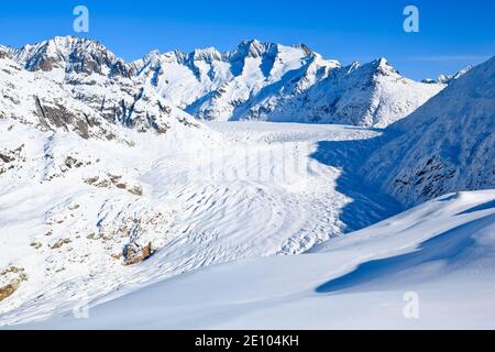 Ghiacciaio di Wannenhörner e Aletsch in inverno, Vallese, Svizzera, Europa Foto Stock