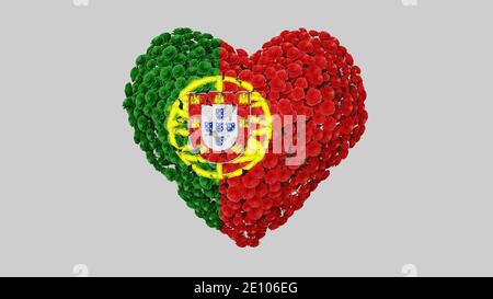 Giornata nazionale del Portogallo. Giugno 10. Forma del cuore fatta di fiori su sfondo bianco. Rendering 3D. Foto Stock