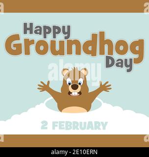 Buon giorno di Groundhog 2 febbraio. Testo e simpatico marmotto cartoon divertente. Biglietto d'auguri per le festività, pubblicità, modello poster flyer. Illustrazione. Foto Stock