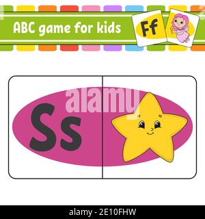 ABC flash cards. Alphabet for kids. Learning letters. Education developing worksheet. Activity page for study English. Game for children. Funny charac Illustrazione Vettoriale