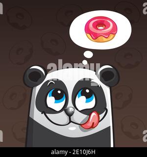 Illustrazione vettoriale di carino cartone animato felice panda divertimento e ciambella. Biglietto d'auguri, cartolina. Ciao. Illustrazione Vettoriale