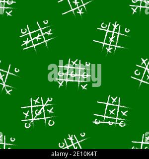 Modello senza cuciture del gioco Tic TAC Toe. Disegno con gesso bianco su sfondo verde. Illustrazione vettoriale delle forniture scolastiche e della cancelleria. Illustrazione Vettoriale
