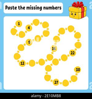 Incollare i numeri mancanti. La pratica della scrittura. Numeri di apprendimento per i bambini. Istruzione foglio di lavoro in via di sviluppo. Pagina attività. Gioco per bambini. Isolato Illustrazione Vettoriale