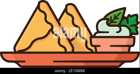 Samosa indiana su piatto con coriandolo e chutney di menta in ciotola immagine vettoriale isolata per Samosa Day il 5 settembre. Illustrazione Vettoriale