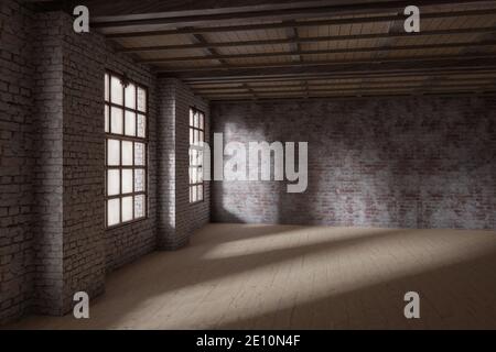 rendering 3d di un loft vuoto con mattoni bianchi muri Foto Stock
