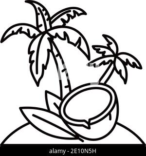 Isola tropicale con noci di cocco e palme icona della linea vettoriale. Illustrazione Vettoriale