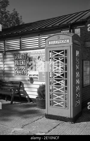 Stazione Yard con scatola del telefono e blocco della toletta con nastro di wartime sulle finestre, stazione di Tenterden sulla ferrovia di Kent & East Sussex, Kent, Inghilterra, Regno Unito Foto Stock