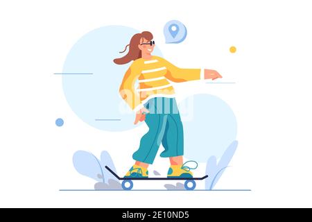 Ragazza è impegnata a guidare uno skateboard in stile piatto Illustrazione Vettoriale