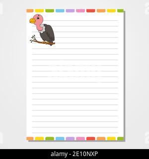 Modello foglio per notebook, blocco note, diario. Con l'immagine di un personaggio carino. Illustrazione vettoriale isolata. Stile cartone animato. Illustrazione Vettoriale