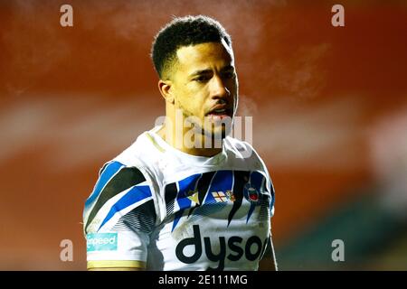 Leicester, Regno Unito. 3 gennaio 2021; Welford Road Stadium, Leicester, Midlands, Inghilterra; Premiership Rugby, Leicester Tigers contro Bath Rugby; Anthony Watson di Bath Rugby si preannuncia un po' sbattente dopo che il suo team ha ceduto un Try Credit: Action Plus Sports Images/Alamy Live News Foto Stock