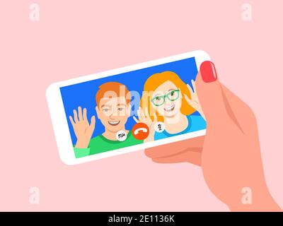 Videochiamata online tramite smartphone. Una giovane coppia, una ragazza e un ragazzo salutano i loro amici praticamente nell'app per social media mobile. Illustrazione a fumetto piatto. Così Illustrazione Vettoriale