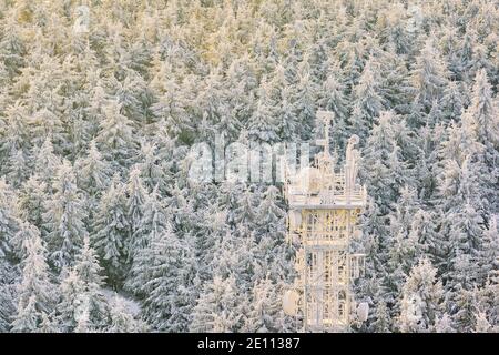 Torre delle telecomunicazioni nel mezzo di una foresta innevata coperta con neve e ghiaccio Foto Stock