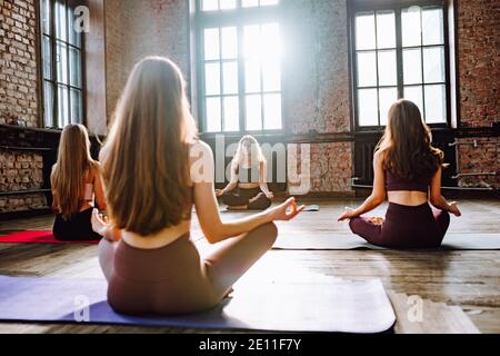 Quattro giovani donne fanno complesso di asana di yoga stretching in classe di stile loft. Le femmine meditano con gli occhi chiusi, vista posteriore. Foto Stock