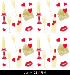 San Valentino senza cuciture modello con candela, campagina, glasi, lettera d'amore, cuori rossi e labbra su bianco Foto Stock