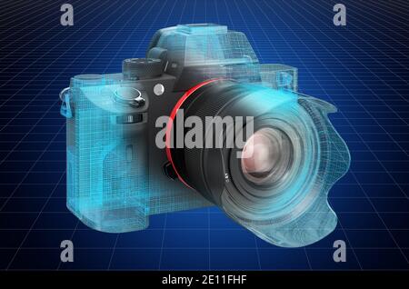 Visualizzazione modello CAD 3d di fotocamera digitale, BluePrint. Rendering 3D Foto Stock