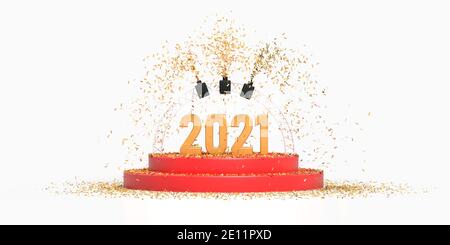 2021 su un podio rosso con confetti - rendering 3D Foto Stock