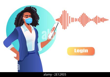 donna d'affari in maschera che usa la donna di affari dello smartphone che ha la videochiamata concetto di comunicazione in linea verticale illustrazione vettoriale orizzontale Illustrazione Vettoriale