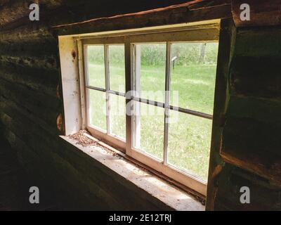 Vista attraverso la finestra dall'interno della cabina Rager sul sentiero escursionistico Baldy Mountain nel Duck Mountain Provincial Park, Manitoba, Canada Foto Stock