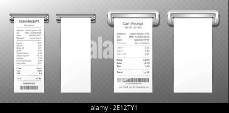 Ricevuta in contanti fuori intervallo, fattura cartacea, fattura di acquisto, assegno di somma al dettaglio con costo totale di denaro, pagamento vendita negozio. Spazi vuoti e riempiti isolati su sfondo trasparente. Serie di vettori 3d realistici Illustrazione Vettoriale