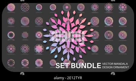 set bundle di disegni mandala. ornamento vettoriale in colore rosa su sfondo nero Illustrazione Vettoriale