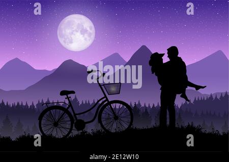 Silhouette romantica di coppia amorevole con bicicletta nel cielo notturno sotto la luna piena per amore e San Valentino. Illustrazione vettoriale. Illustrazione Vettoriale