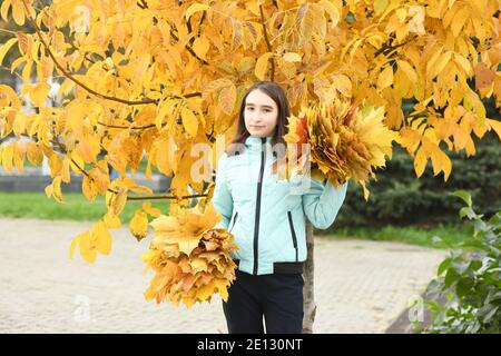 La ragazza pre-adolescente tiene in mano un bouquet di foglie d'autunno. Caldo giorno d'autunno, foglie d'autunno gialle. Concetto autunnale. Foto ad alta risoluzione. Foto Stock
