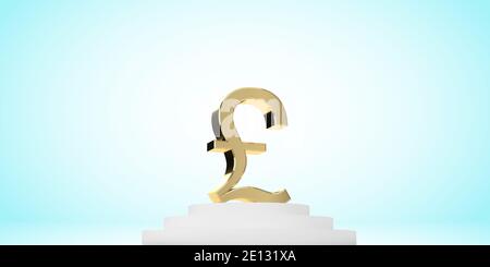 3D rendering inglese Pound o Sterling simbolo in oro lucido su un podio bianco. Sfondo blu chiaro con degradazione e spazio di copia Foto Stock