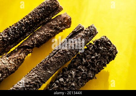 Concetto naturale di dolcetti essiccati per animali domestici. Bastoni di stomaco di vacca secca su sfondo giallo. Vista dall'alto, primo piano. Foto Stock