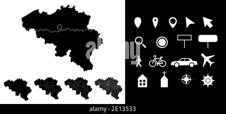 Mappa dei dipartimenti delle regioni amministrative belghe con icone. Mappa posizione pin, freccia, vetro, cartello, uomo, bicicletta, auto, aereo, casa, c Illustrazione Vettoriale
