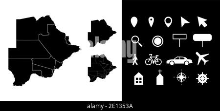 Mappa dei dipartimenti delle regioni amministrative del Botswana con icone. Mappa posizione pin, freccia, vetro, cartello, uomo, bicicletta, auto, aereo, casa. Illustrazione Vettoriale