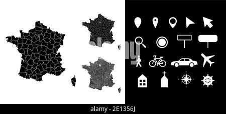 Mappa dei dipartimenti delle regioni amministrative francesi con icone. Mappa posizione pin, freccia, vetro, cartello, uomo, bicicletta, auto, aereo, casa, ch Illustrazione Vettoriale