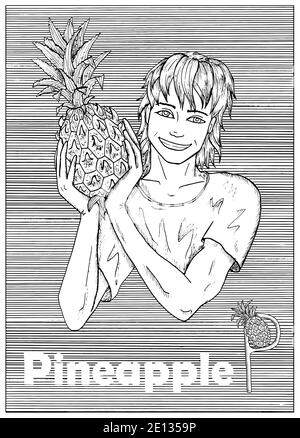 Giovane bell'uomo che tiene frutta di ananas su sfondo a strisce. Illustrazione vettoriale in bianco e nero disegnata a mano, incisa e verticale, sana alimentazione Illustrazione Vettoriale