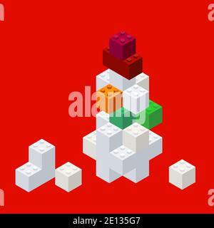 Pupazzo di neve isometrico assemblato da un set di costruzione per bambini. Giocattolo volumetrico. Sfondo per le feste di Natale. Illustrazione vettoriale per la stampa Illustrazione Vettoriale