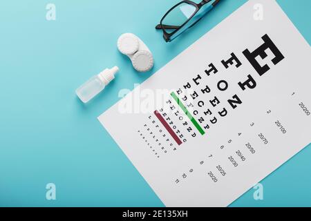Controlli e prevenzione della visione, occhiali, lenti e gocce per la correzione della visione su sfondo blu, vista dall'alto. Accessori per oftalmologo. Foto Stock