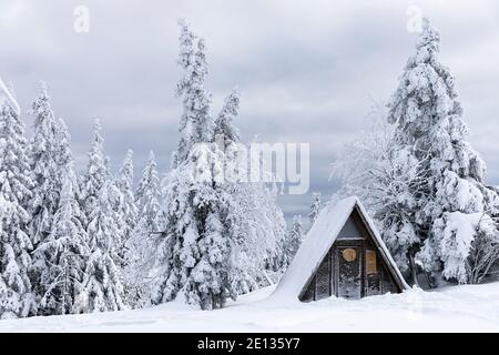 Capanna di legno in neve coperta paesaggio alpino panoramico in inverno, Kope, Crni vrh, Slovenia Foto Stock