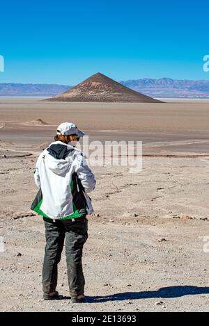 Donna è in piedi nel Salar de Arazaro e guardando l'enigmatico Cono de Arita, un vulcano che non ha mai eruttato nel mezzo di una distesa di sale Foto Stock